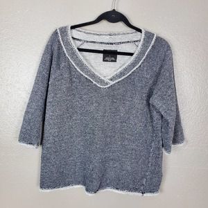 Liz Claiborne Gray/White 3/4 Sleeve V-Neck Boxy Sweater L